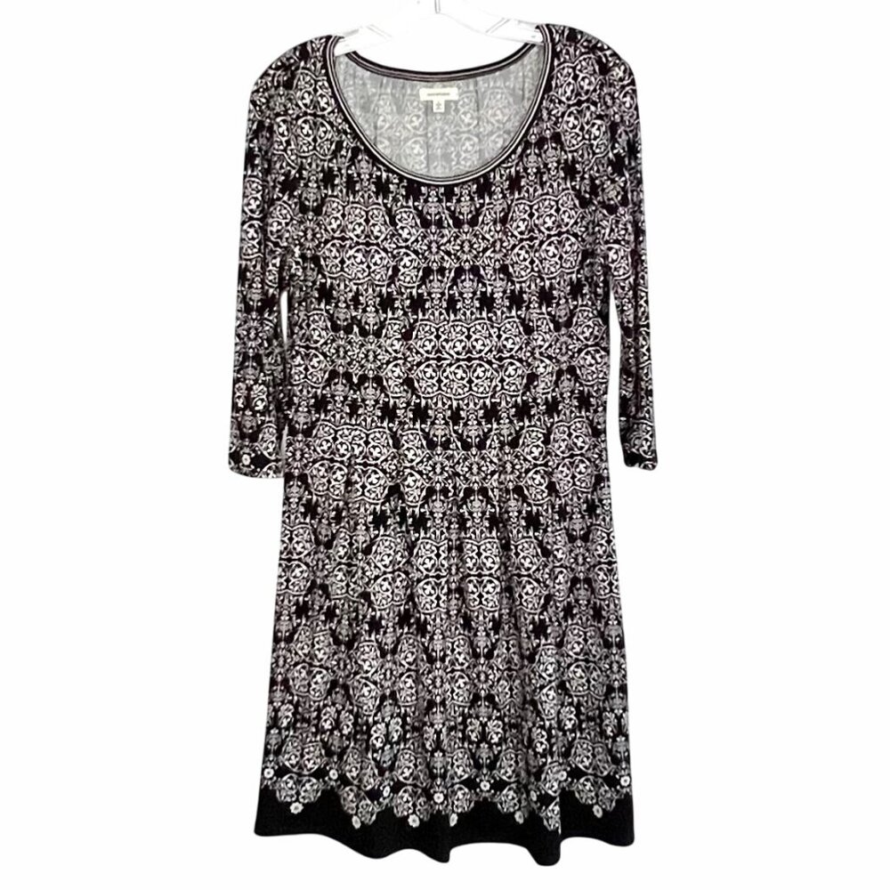 Max Studio A-Line Dress Size L Black & White Floral Print 3/4 Sleeves EUC